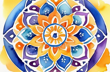 Fototapeta premium mesmerizing mandala in watercolor style, yellow-orange and blue-violet tones, merging shapes and patterns, stunning intricate designs suitable for various creative projects