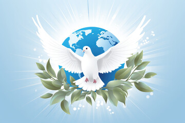A white dove spread its wings against a background of a globe and an olive branch on a blue background