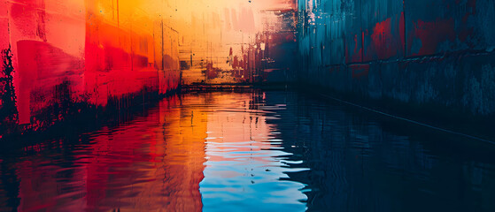 A serene painting of a sunset reflected in the still water of an indoor canal, capturing the beauty of outdoor art