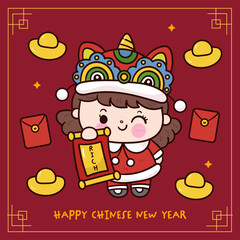 cute girl Chinese New Year Dragon holding label 
 greeting card. Series: Zodiac vector 2024 Wish you rich and wealth