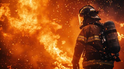 A fire-fighting background with ample copy space for text, showcasing a fire effect, a firefighter in full uniform, fireproof clothing, personal protective equipment, and an oxygen cylinder - obrazy, fototapety, plakaty