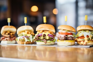 row of cheeseburgers, each with different toppings