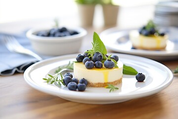 sliced cheesecake on white plate with blueberries on top