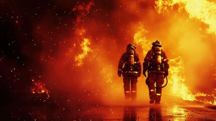 A fire-fighting background with ample copy space for text, showcasing a fire effect, a firefighter in full uniform, fireproof clothing, personal protective equipment, and an oxygen cylinder