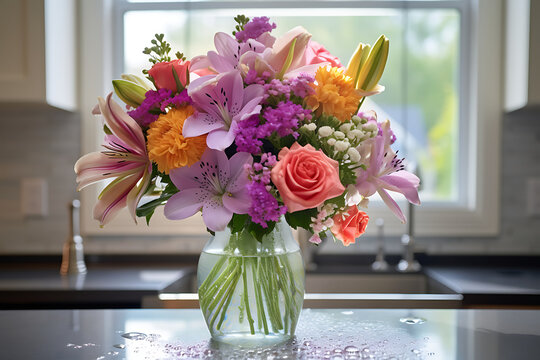 Fresh Flower Bouquet with Water Droplets on Kitchen