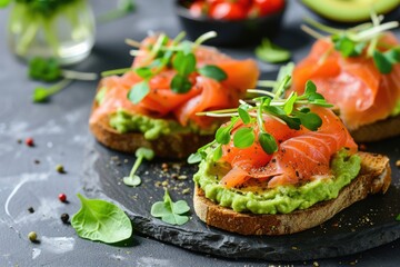 Open sandwiches with salted salmon, guacamole avocado and microgreens. Healthy food - obrazy, fototapety, plakaty