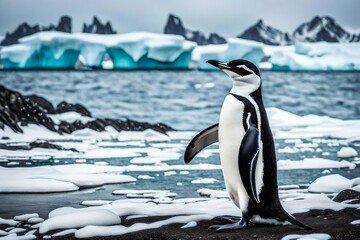 Immerse yourself in the frosty tranquility of Antarctica as a chinstrap penguin enjoys the pristine beauty of the beach.