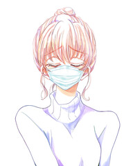 マスクをしたお団子頭の女性　冬　ネガティブ