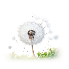 Dandelion Blowing in Wind on White Background