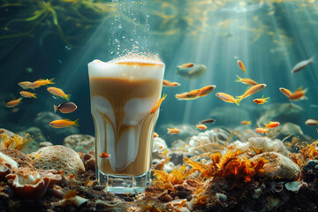 At the bottom of the sea or ocean, among fish and algae, there is a glass of latte macchiato. A glass of coffee stands in an aquarium