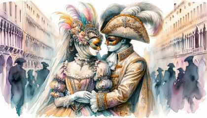 Fototapeta na wymiar Venetian Elegance: A Romantic Watercolor of Masquerade Ball