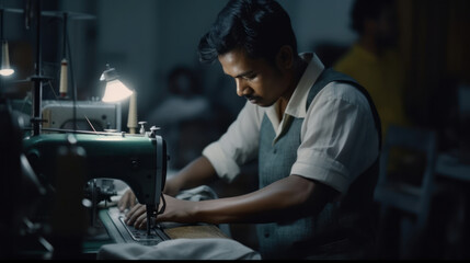 photo of asian seamstress male workers in textile factory sewing with industrial sewing machines. Generative AI - obrazy, fototapety, plakaty