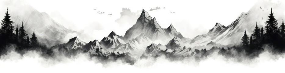 Black and White Painting of Mountains and Trees