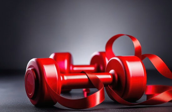Red dumbbells on a black background. Sports concept for girls, women, lifestyle