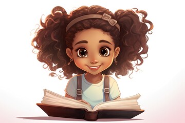 Cute little african american girl reading book. Vector illustration.