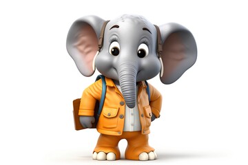 Cartoon character of an elephant with a backpack. 3D rendering