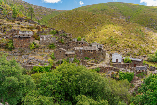 general view to the uninhabited Portuguese village of Drave inserted in the valleys of Serra da Freita. Magic village