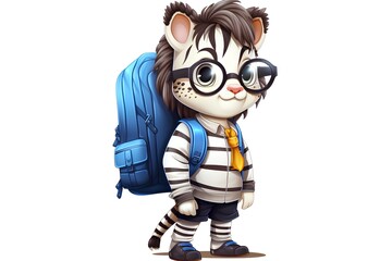 Obraz premium Cute cartoon zebra schoolboy with backpack. Vector illustration.
