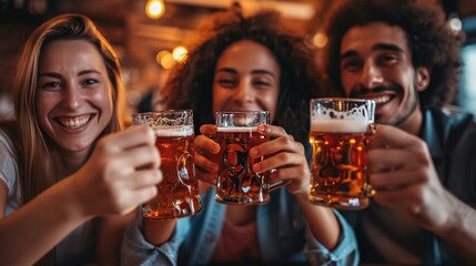 happy friends drinking beer in pub together