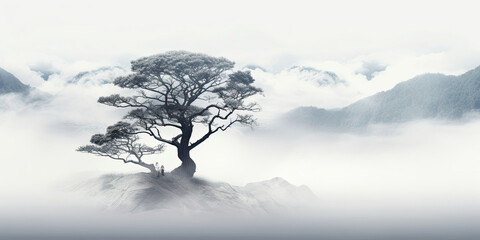 Lone Tree in Foggy Mountain