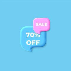 Sale 70 percent off tag. 3d offer chat speech bubbles. Discount Sale offer price sign. Special offer symbol. Discount speech bubble 3d message. Vector.