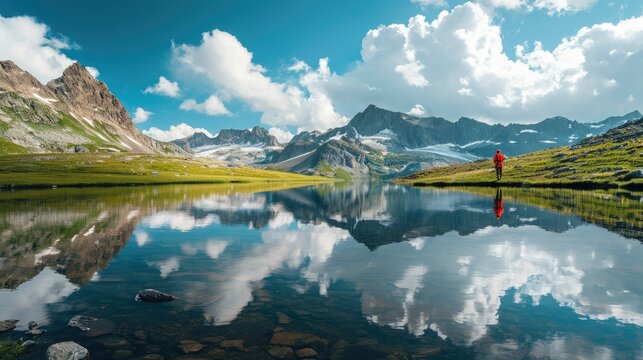 Alpine lake, kayaker, majestic mountains, solitude, natural wonder.