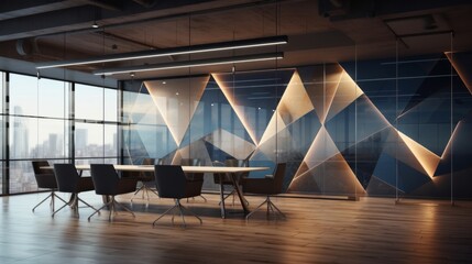 Contemporary business office design with metal accents, ambient light, paper elements, glass walls, and modern technology interior - corporate workspace concept - obrazy, fototapety, plakaty