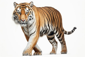 Tiger Walking on White Background - Stunning Image of Majestic Tiger in Motion