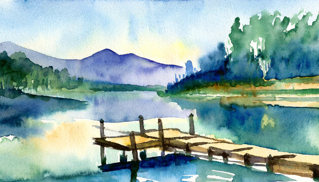 Watercolor Art Painting: Tranquil Lake with Dock Reflections Gently in Afternoon