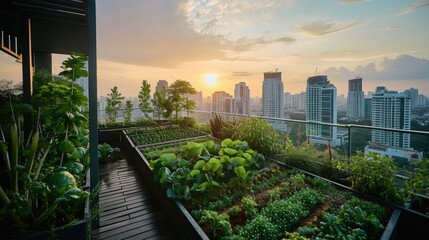 Dawn rooftop garden with thriving plants and fresh vegetables amidst cityscape, symbol of sustainable living and nature-urban harmony.