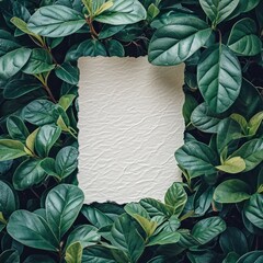 Fototapeta premium an empty paper card surrounded by green leaf