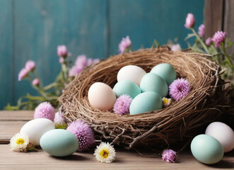 Easter eggs in nest on the wooden table, countryside style of living.	