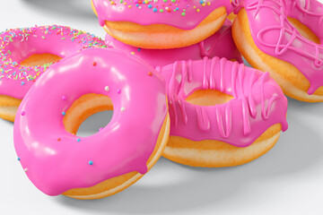 A pile of chocolate glazed donuts with sprinkles in motion falling on a white.