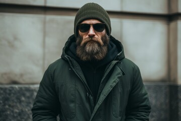 Portrait of a bearded man in a green jacket and sunglasses on the street