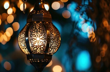 an old traditional lamp lit amidst beautiful bokeh