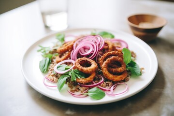 farro salad with red onion rings and balsamic glaze