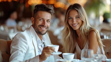 elegant business couple sitting in luxury restaurant with glass of shampagne