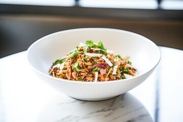 farro salad in a white bowl with feta cheese crumbles