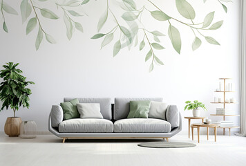 Comfortable Living Room With Couch and Plant - obrazy, fototapety, plakaty