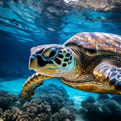 Fototapeta premium Image of a sea turtle swimming in the sea.