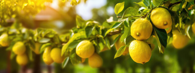 Ripe lemons hanging on a sunlit tree, with a vibrant display of fresh citrus fruit ready for harvest.