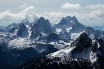 A wide, breathtaking sight of snow-covered summits. Generative AI