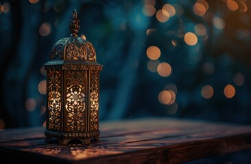 an old traditional lamp lit amidst beautiful bokeh