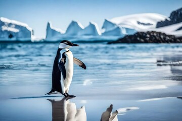 Step into the realm of Antarctic wildlife with a stunning photograph of a chinstrap penguin on the picturesque beach.