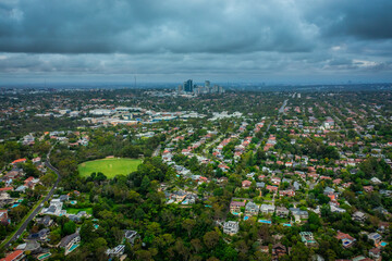 Drone aerial view over suburbs of Northern Beaches in Sydney Australia
