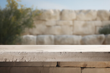 closeup of a table made of limestone, and limestone wall in the background	
