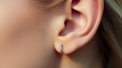 Close-up of ear for earring advertisement - obrazy, fototapety, plakaty