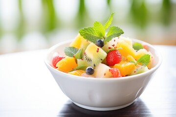 close-up of fruit salad with mint leaves garnish