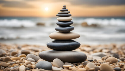Fototapeta na wymiar Balance stones pebbles stack pyramid for relaxation meditation with sea 