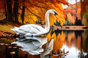 Capture the essence of tranquility with a white swan on the river, surrounded by the captivating hues of autumn trees and their falling leaves.